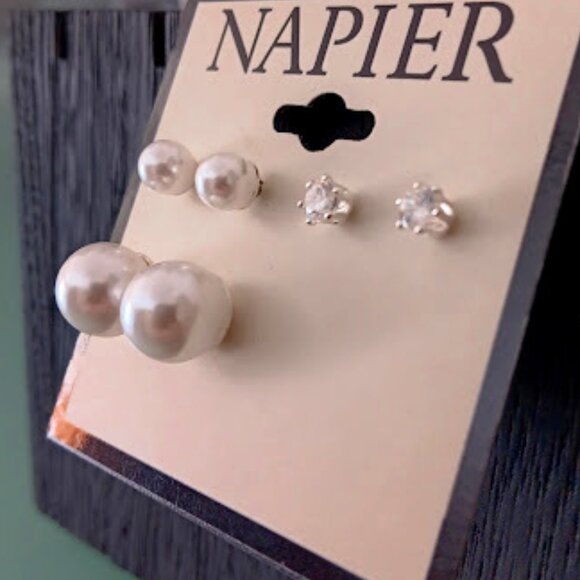 NAPIER 3pc SET Contemporary Silver White Pearl/Clear CZ Stone Stud Earrings~NEW - Picture 2 of 3